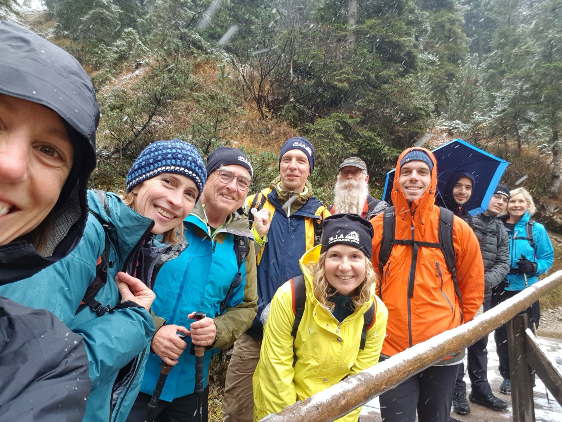 Gruppe von Wanderern in bunter Outdoorbekleidung auf einem Holzsteg im Wald bei leichtem Schneefall.
