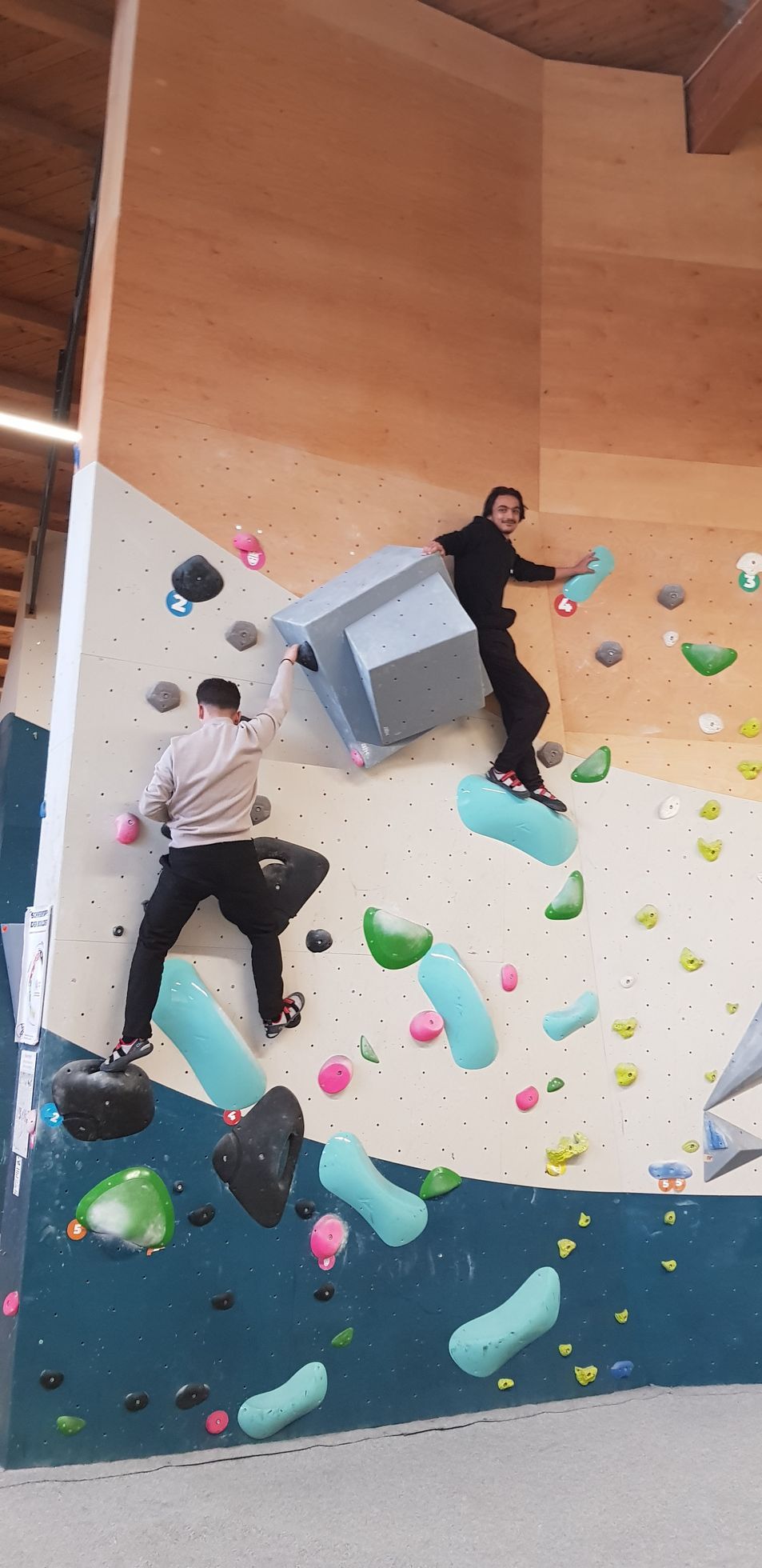 Zwei Personen klettern an einer Kletterwand mit bunten Griffen und Volumen in einer Halle