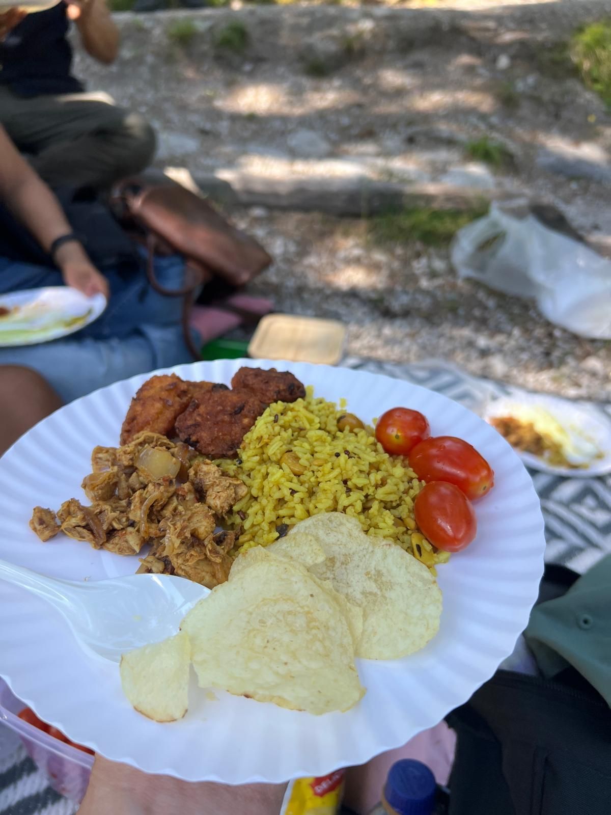 Ein Teller mit gelbem Reis, gebratenem Hähnchen, Kirschtomaten und Kartoffelchips. Im Hintergrund sind Personen und eine Tasche sichtbar.
