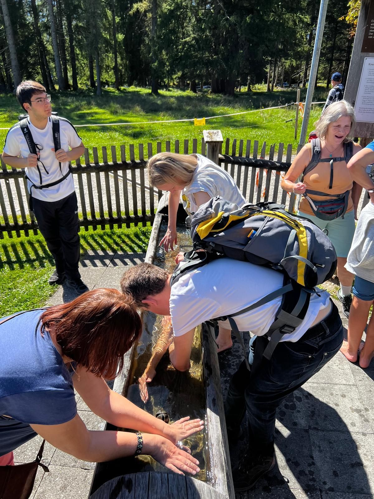 Mehrere Personen halten ihre Hände und Unterarme in einen hölzernen, mit Wasser gefüllten Trog. Sie sind im Freien, umgeben von einem Zaun und Bäumen.