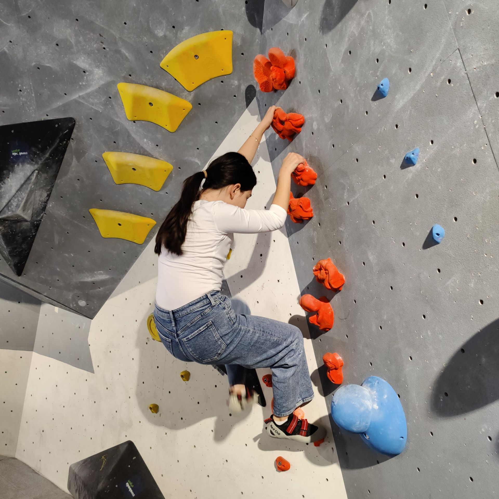 Mädchen in weißem Langarmshirt und blauer Jeans klettert an einer Kletterwand mit orangefarbenen Griffen und großen blauen und gelben Tritten