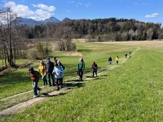 Gruppe von Menschen wandert auf einem schmalen Pfad durch eine grüne Wiese mit Bergen und Wald im Hintergrund unter blauem Himmel