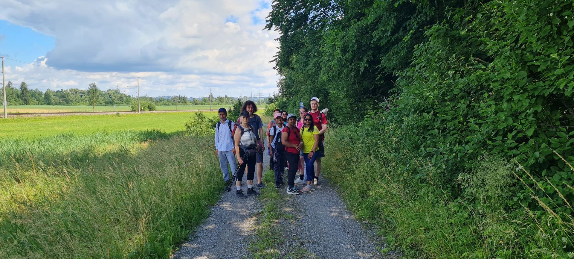 Gruppe von Wanderern auf einem Waldweg neben einem Feld mit Bergen im Hintergrund unter bewölktem Himmel