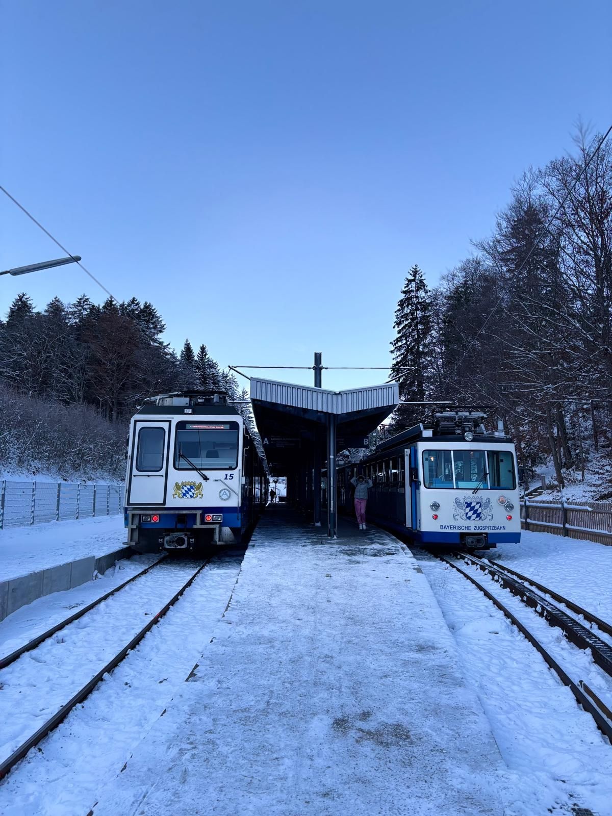 Zwei schneebedeckte Gleise mit jeweils einer Bahn an einem kleinen Bahnhof, umgeben von Bäumen und klarem Himmel.