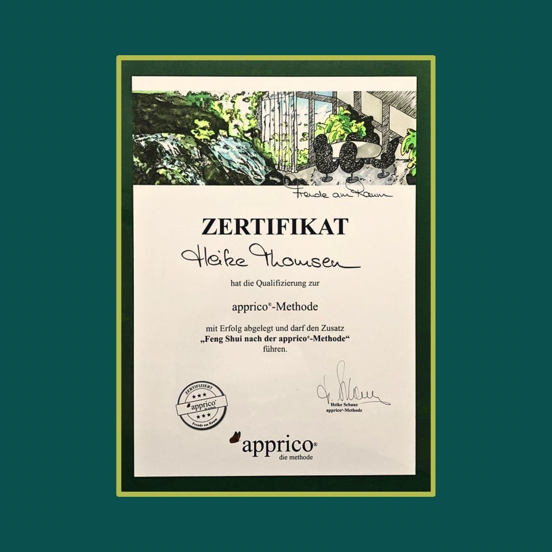 Zertifikat zur Business Feng Shui Beraterin nach der Apricco-Methode. Ausbildung bei Heike Schauz.