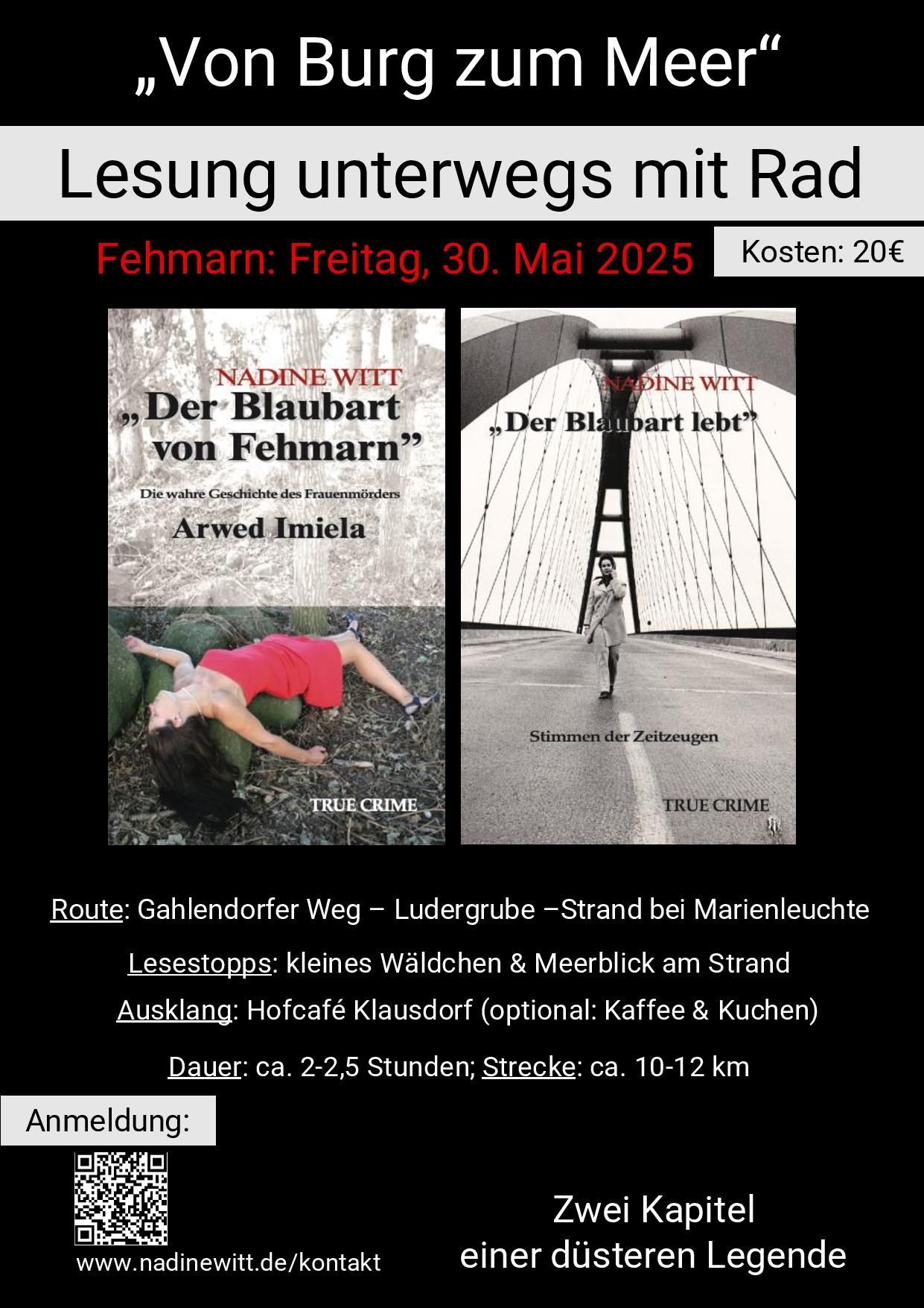 Plakat zur literarischen Fahrradtour auf Fehmarn, Tour 1: Von Burg zum Meer. Kulturelles Naturerlebnis mit Lesungen an besonderen Orten wie der Ludergrube und am Strand bei Marienleuchte. Veranstaltung zu Himmelfahrt 2025
„Von Burg zum Meer – Lesung unterwegs“
• Route: Gahlendorfer Weg – Ludergrube – Wachtelberg – Strand bei
Marienleuchte
• Lesestopps: kleines Wäldchen & mit Meerblick am Strand
• Ausklang: Hofcafé Klasdorf (optional: Kaffee & Kuchen)
• Dauer: ca. 2–2,5 Stunden
• Strecke: ca. 10–12 km
• Tempo: entspannt
mit Autorin Nadine Witt