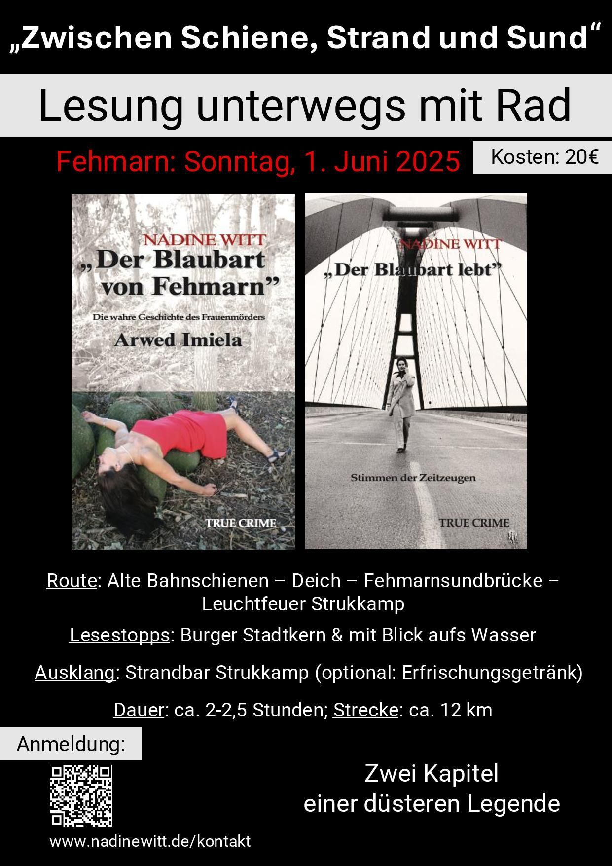 Plakat zur literarischen Fahrradtour auf Fehmarn, Tour 1: Von Burg zum Meer. Kulturelles Naturerlebnis mit Lesungen an besonderen Orten wie der Ludergrube und am Strand bei Marienleuchte. Veranstaltung zu Himmelfahrt 2025
Tour 2 – Sonntag, 1. Juni
„Zwischen Schiene, Strand und Sund“
• Route: Alte Bahnschienen – Deich – unter der Fehmarnsundbrücke –
Leuchtfeuer Strukkamp
• Lesestopps: Burger Stadtkern & mit Blick aufs Wasser
• Ausklang: Strandbar Strukkamp (optional: Erfrischungsgetränk)
• Dauer: ca. 2–2,5 Stunden
• Strecke: ca. 12 km
• Tempo: entspannt
mit Autorin Nadine Witt