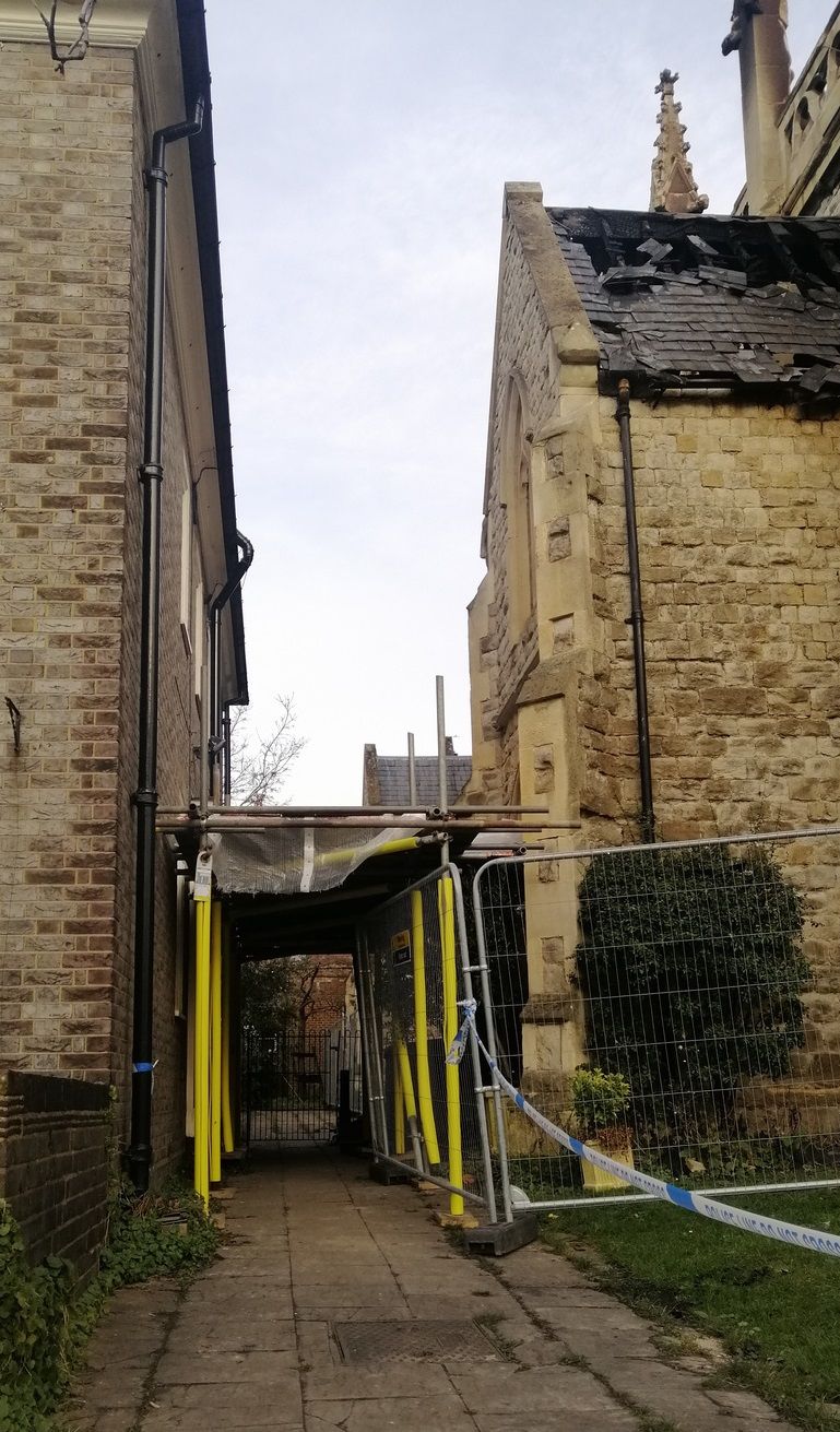 Scaffolding around part of the church