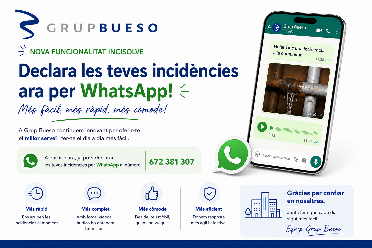 Descobreix la nova funcionalitat de Grup Bueso que permet comunicar incidències per whatApp
