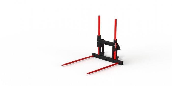 Sturdy attachment for handling both square and round bales. It has two high quality spring steel spears with a yield strength of over 1400 MPa. The spears are positioned so that they can also be used as a fork lift, which makes it very useful for handling both bales and pallet material without having to change anything. The attachment has height-adjustable support beams that protect against loads falling backwards. Bale Spear