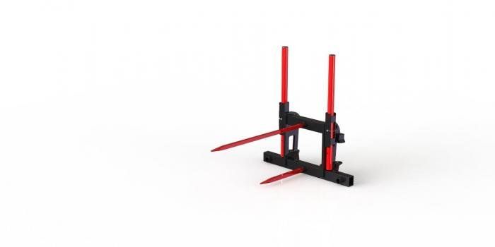 Sturdy attachment for handling both square and round bales. It has two high quality spring steel spears with a yield strength of over 1400 MPa. One long spear to securely lift the bale and a shorter one that prevents the bale from rotating. The attachment has height-adjustable support beams that protect against loads falling backwards Round bale spear