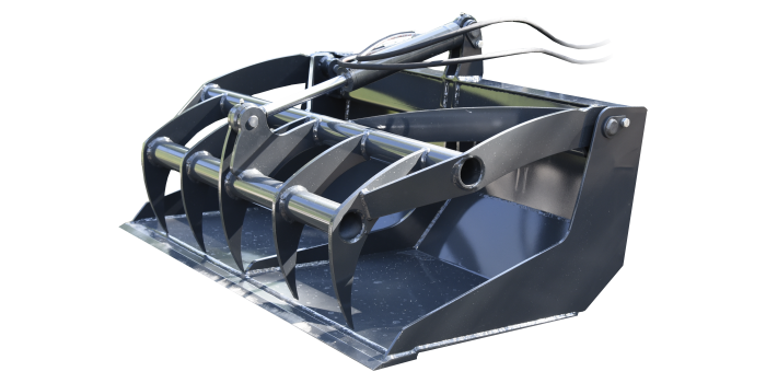 Grapple bucket is a combination of bucket and grapple. With the grapple bucket you can transport and load for example branches, wood chips, compost, bedding, manure and construction waste. With the grapple in the upper position it can also be used as a normal bucket. Norcar 755xc - Grapple bucket