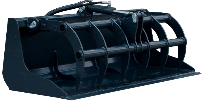 Grapple bucket is a combination of bucket and grapple. With the grapple bucket you can transport and load for example branches, wood chips, compost, bedding, manure and construction waste. With the grapple in the upper position it can also be used as a normal bucket. Efficient side plates protect and give more volume to the scoop. Grapple Bucket (130cm)
