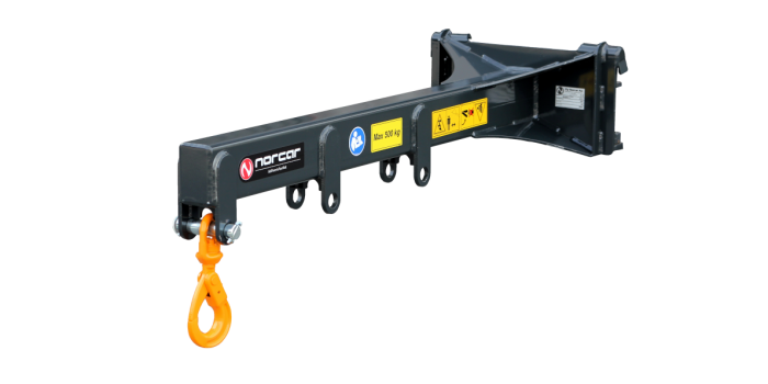 The Jib boom is an excellent tool when you want to increase the reach of the machine when lifting or moving objects. The Jib boom comes with a hook as standard. The hook can be set to three different positions. Jib Boom