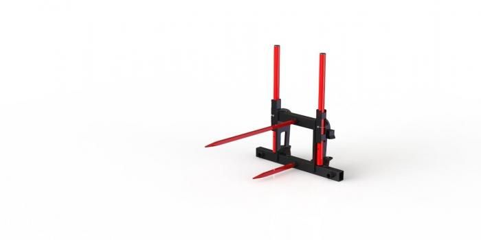 Sturdy attachment for handling both square and round bales. It has two high quality spring steel spears with a yield strength of over 1400 MPa. One long spear to securely lift the bale and a shorter one that prevents the bale from rotating. The attachment has height-adjustable support beams that protect against loads falling backwards Round Bale Spear