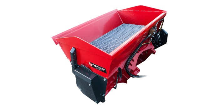 Efficient attachment for icy or snowy surfaces. Solid design gives the spreader a long-life span. The bucket is driven by the loaders hydraulics and is equipped with a mixer axle to evenly distribute the sand. The bucket is designed so that it can be used with the lifting boom in its lowest position which makes the combination of loader and spreader as short as possible. Spreads Sand, salt and gravel up to 0,9mm in size. The spreader is equipped with support legs for safe keeping when not in use.  Norcar Multi Faster as standard. Sand spreader