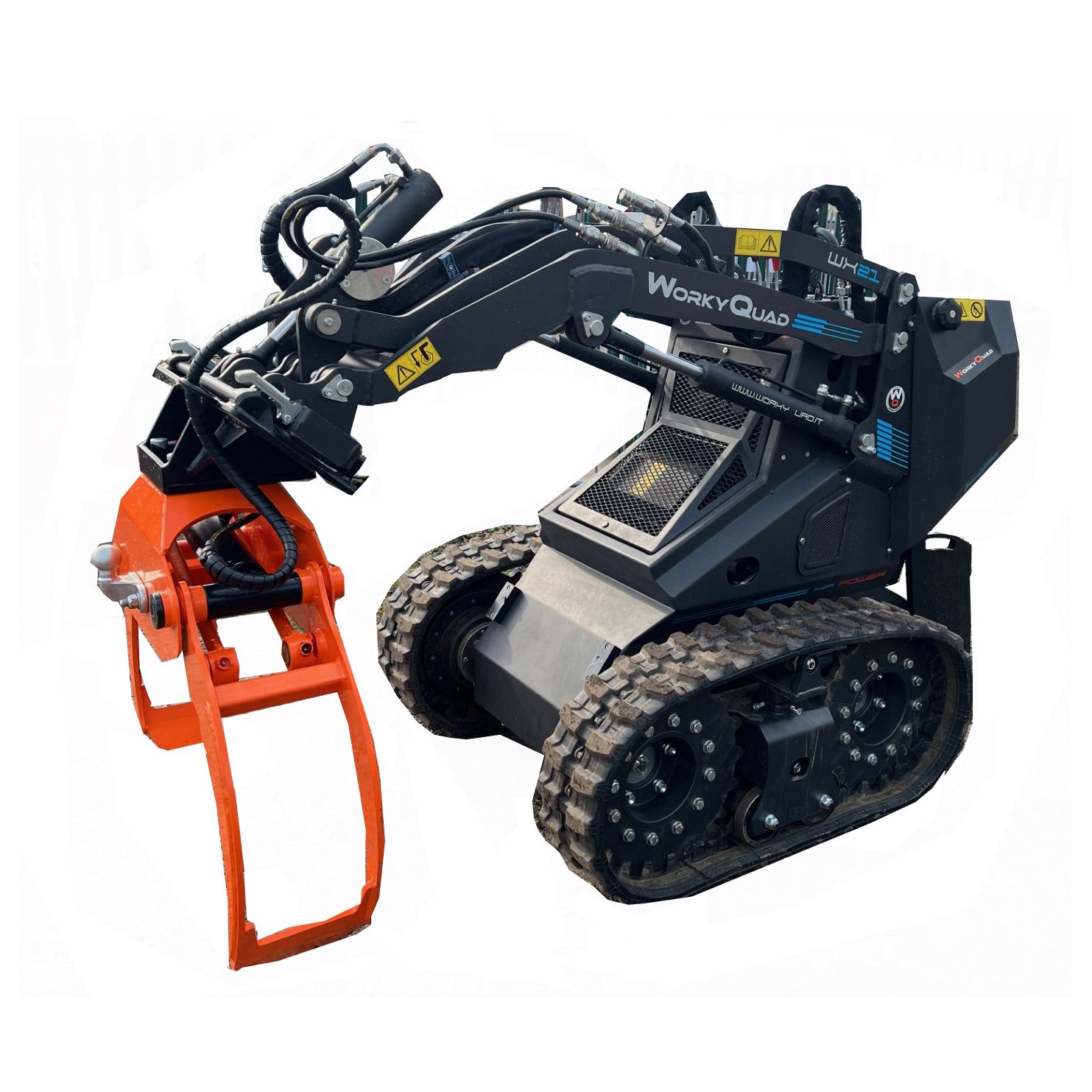 WorkyQuad tracked mini skidsteer for hire with either a log grab, bucket or pallet forks