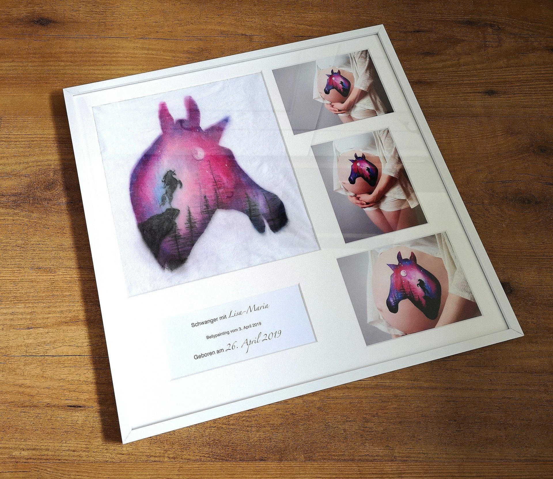 Abdruck des Bellypaintings, gerahmt mit 3 Fotos Bellypainting Abdruck gerahmt