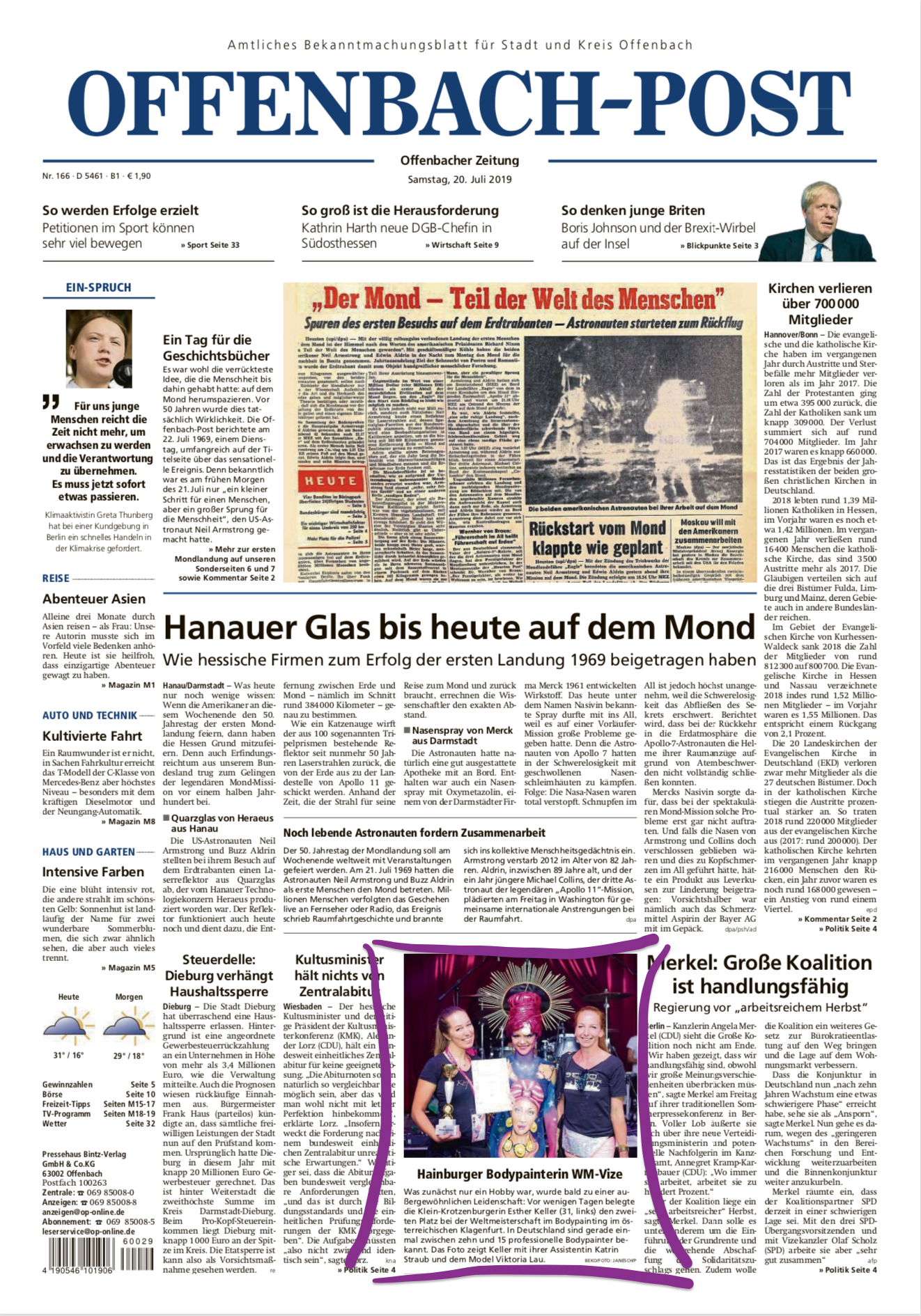 Zeitung Offenbach Post Titelseite Bodypainting Körperkunst Esther Keller Weltmeisterschaft