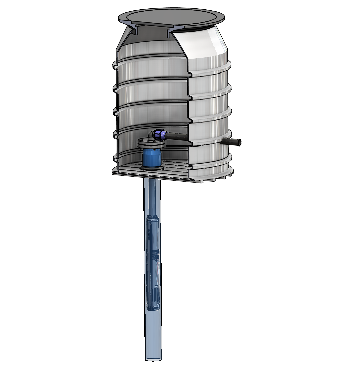 Brunnenschacht Brunnenstube miT Brunnenkopf und Brunnenpumpe Geothermiebrunnen