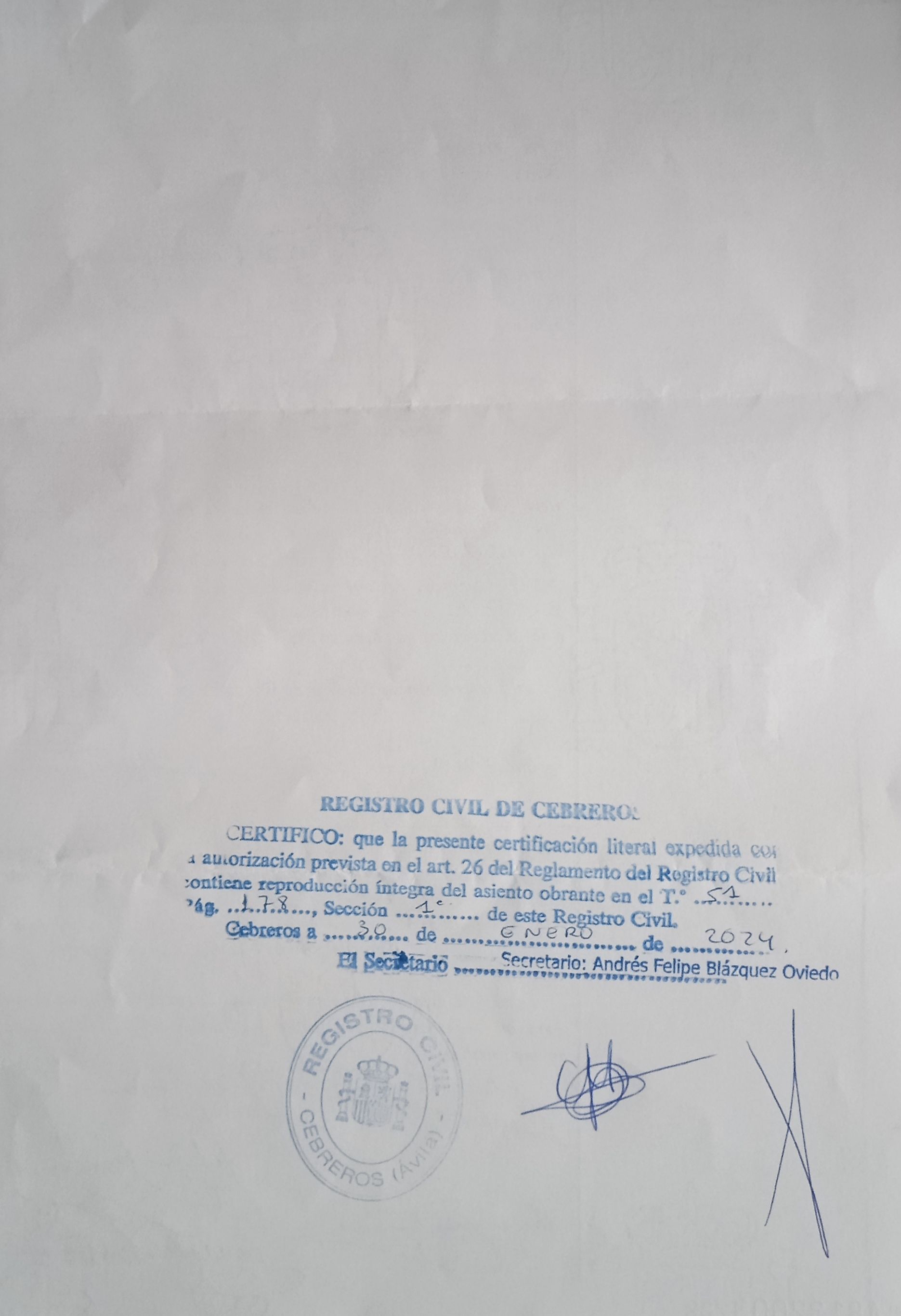 Partida literal de nacimiento de Adolfo Suárez, Certificado literal de nacimiento de Adolfo Suárez, Partida de nacimiento de Adolfo Suárez