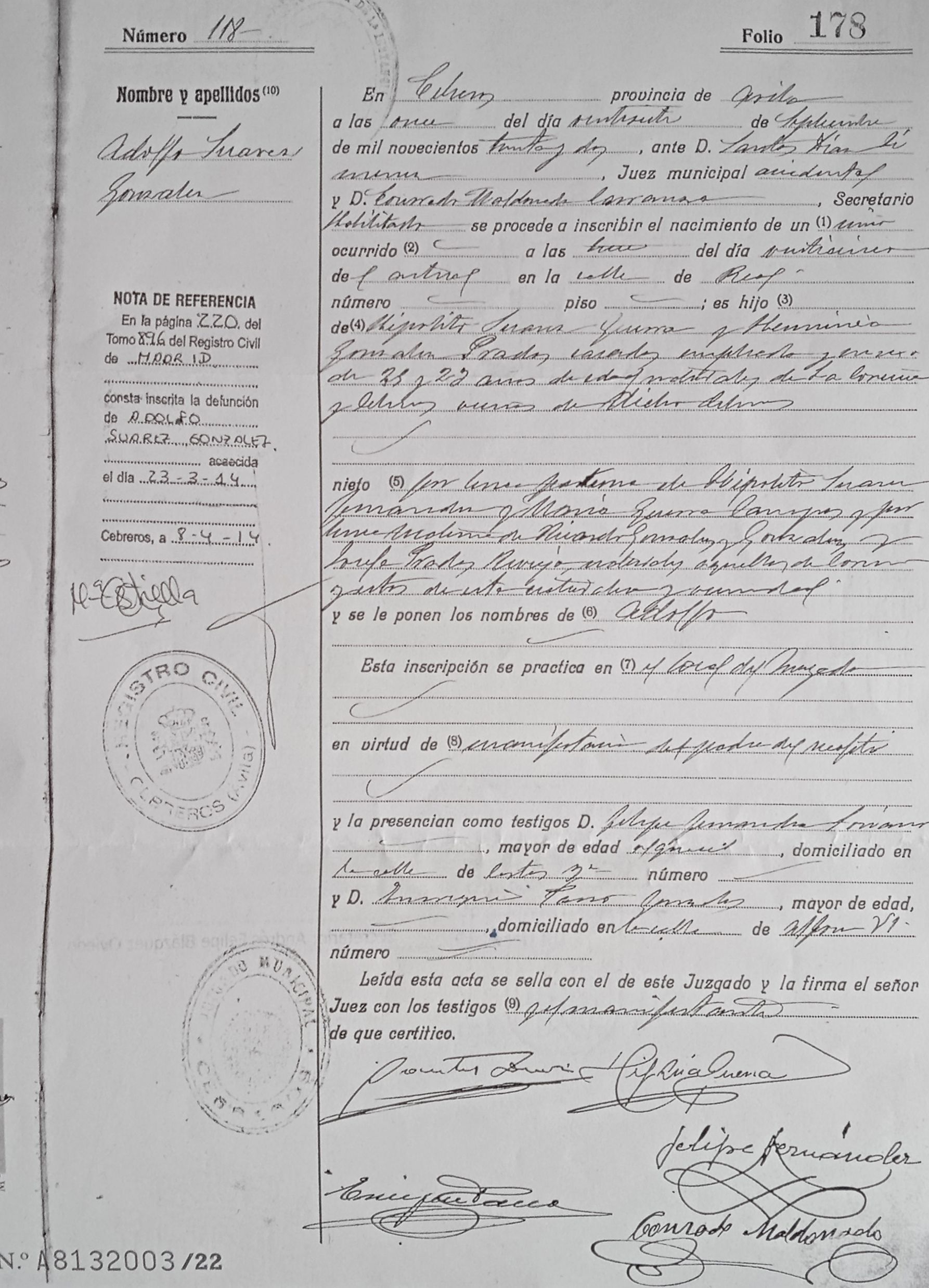 Partida literal de nacimiento de Adolfo Suárez, Certificado literal de nacimiento de Adolfo Suárez, Partida de nacimiento de Adolfo Suárez