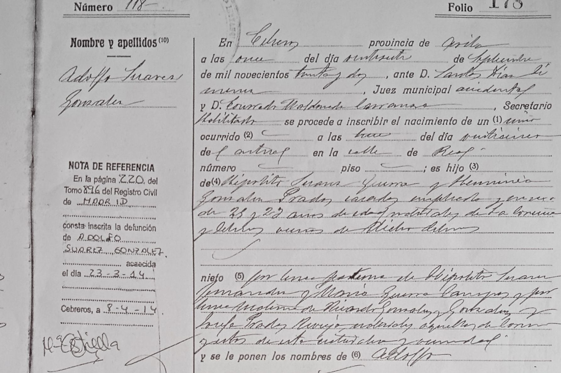 Certificado literal de nacimiento de Adolfo Suárez Partida literal de nacimiento de Adolfo Suárez, Certificado literal de nacimiento de Adolfo Suárez, Partida de nacimiento de Adolfo Suárez