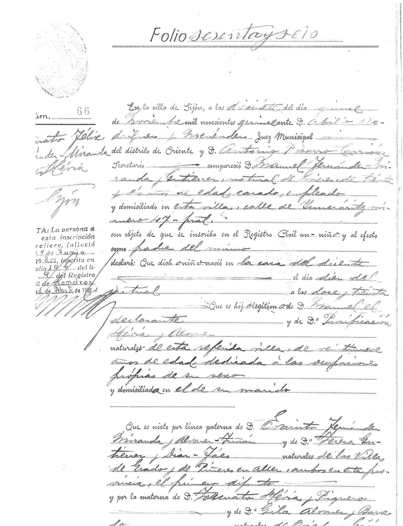 Certificado literal de nacimiento de Torcuato Fernández-Miranda Partida literal de nacimiento de Torcuato Fernández-Miranda, Certificado literal de nacimiento de Torcuato Fernández-Miranda, Partida de nacimiento de Torcuato Fernández-Miranda