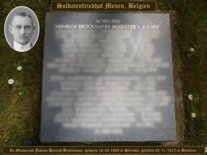 Tafel der Gefallenen, aber nur die Person ist aus rechtlichen Gründen zu entziffern. Der Rest ist unkenntlich gemacht. Gedenktafel mit  Brockmann Johann Heinrich