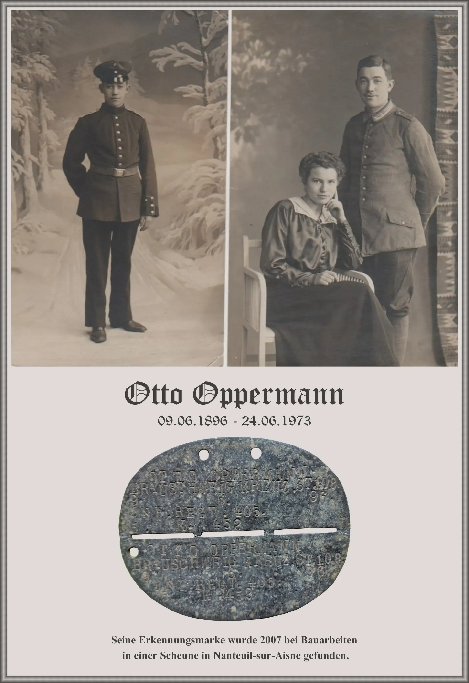 Foto der Erkennungsmarke , ein Foto als Portrait und ein Foto mit sitzender Frau und daneben stehenden Mannauf Stuhl Foto von Otto Opfermann mit Erkennungsmarke
