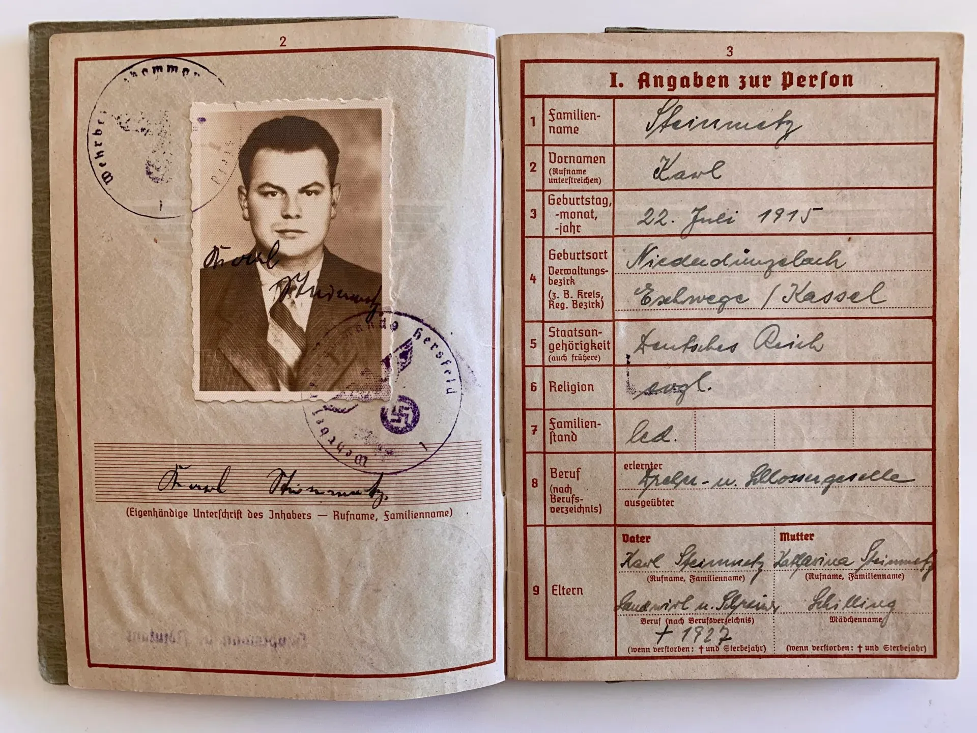 Ausweis mit Lichtbild Ausweis von Steinmetz Karl