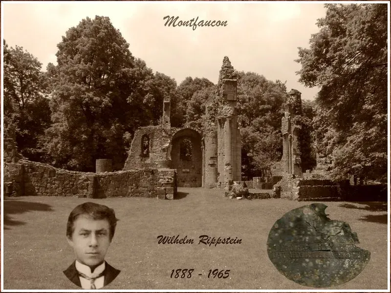 altes Foto von einem Park mit Bruchsteinmauer und Torbogenruine, sowie ein Foto von Rippstein und die Erkennungsmarke integriert altes Foto von einem Park mit Bruchsteinmauer und Torbogenruine, sowie ein Foto von Wilhelm Rippstein u