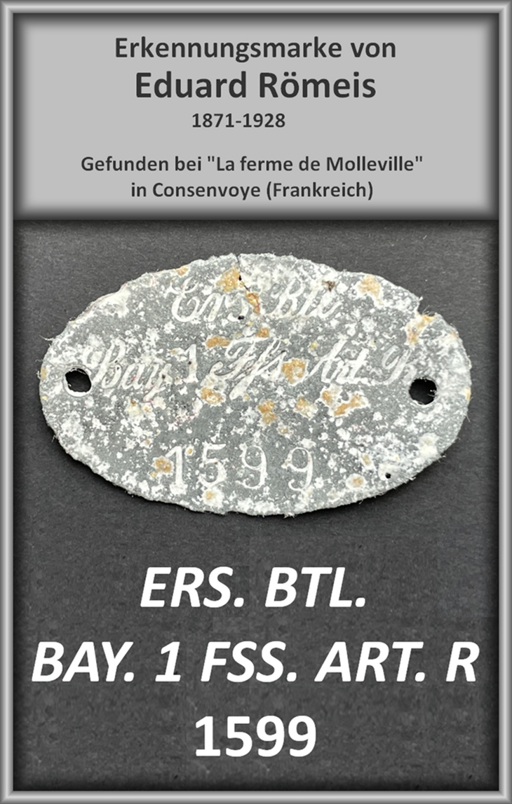 Erkennungsmarke mit integrierten Informationen Erkennungsmarke von Eduard Römeis mit Informationen