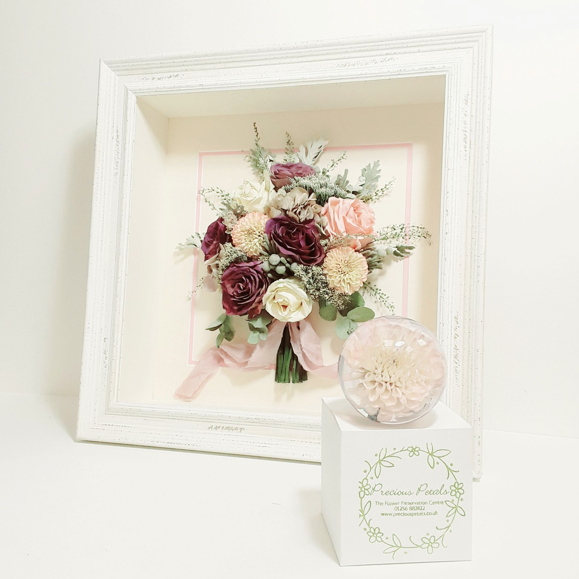 3d preserved wedding bouquet in a frame with flowers in paperweights