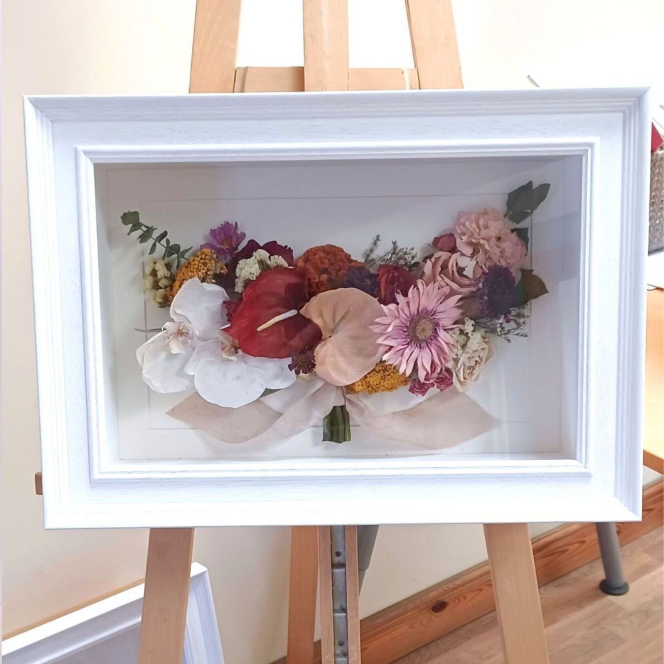 preserved and framed wedding bouquet
