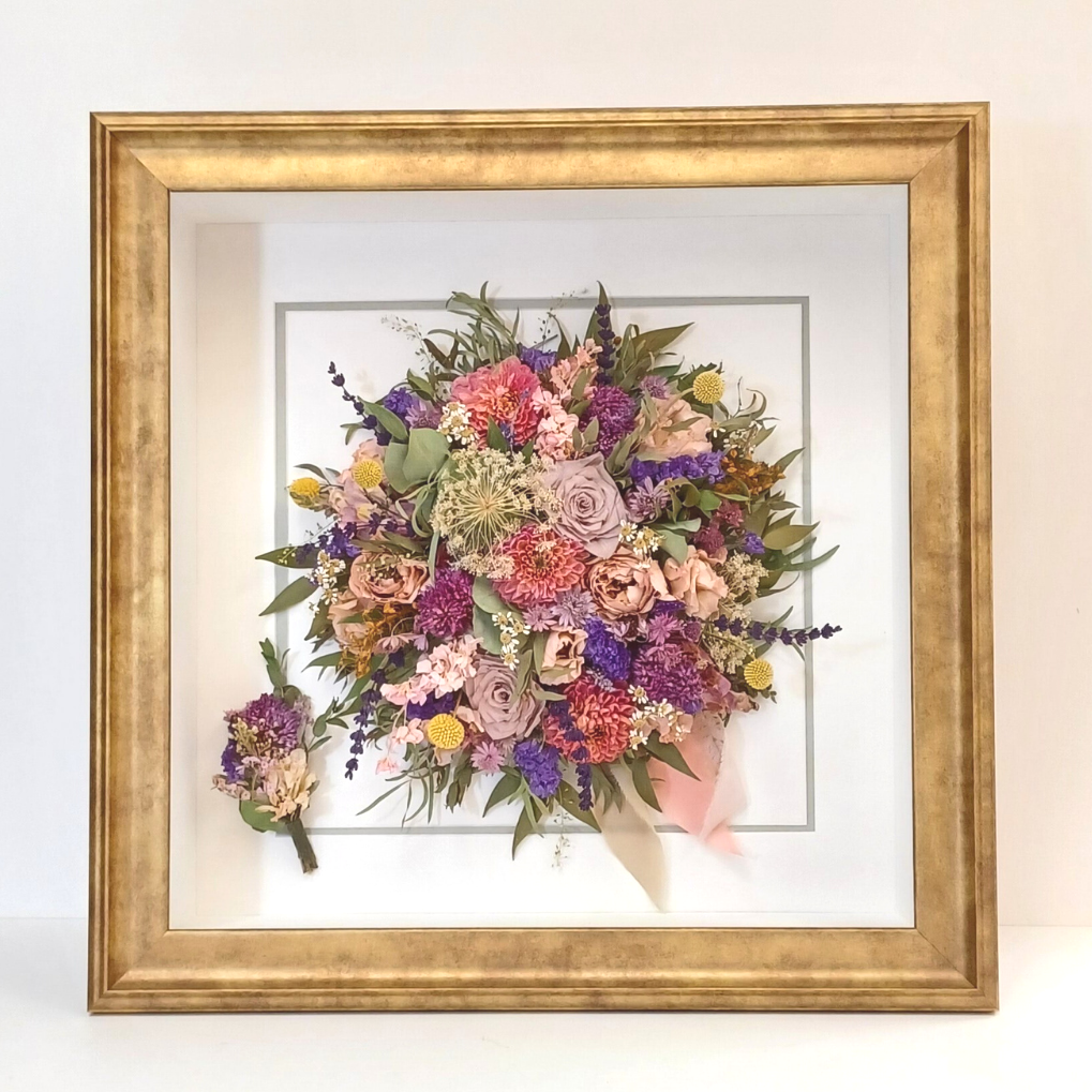 preserved 3 dimensional bouquet in stone gold frame