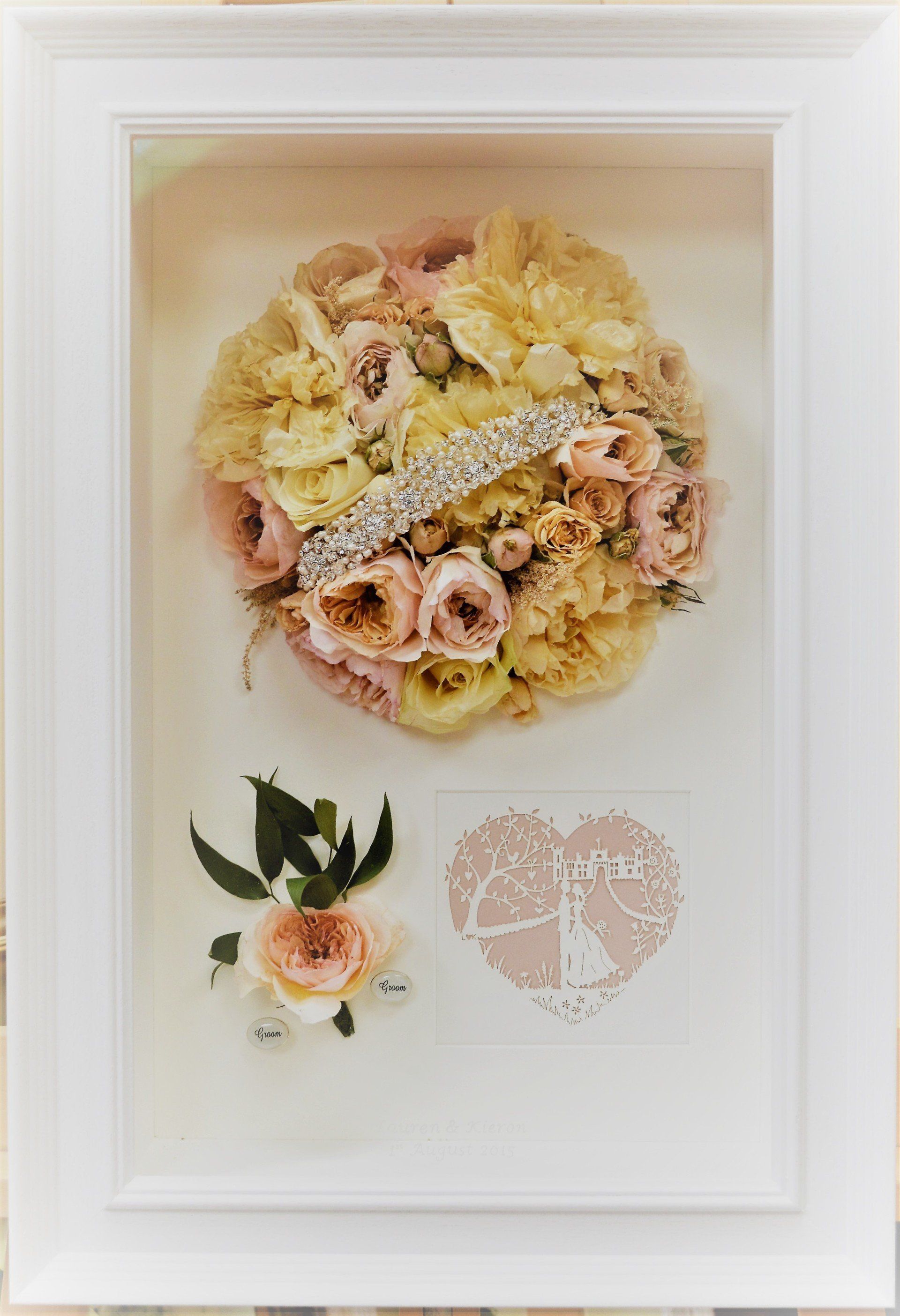 3d preserved wedding bouquet with tiara, wedding invitation and buttonhole