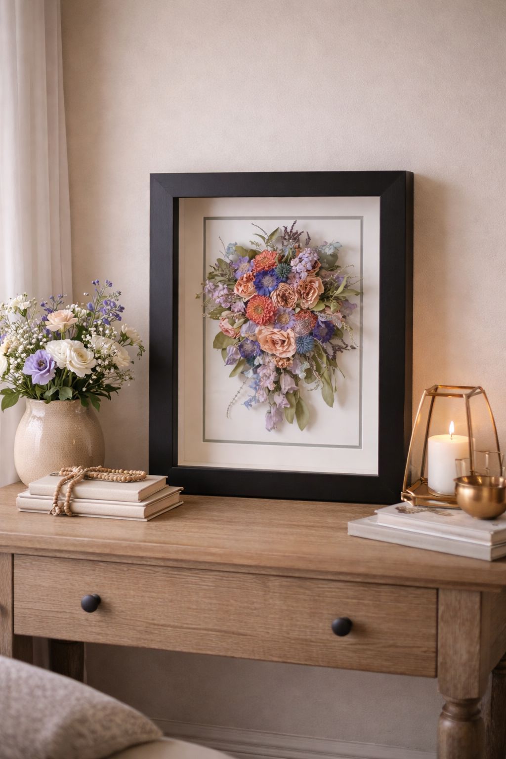 teardrop floral design in a black frame