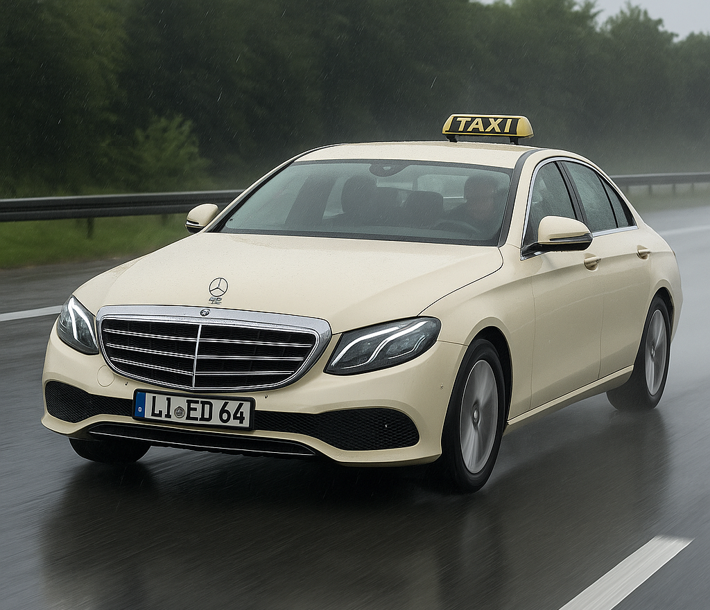 Mercedes Taxi auf der Autobahn bei Regen