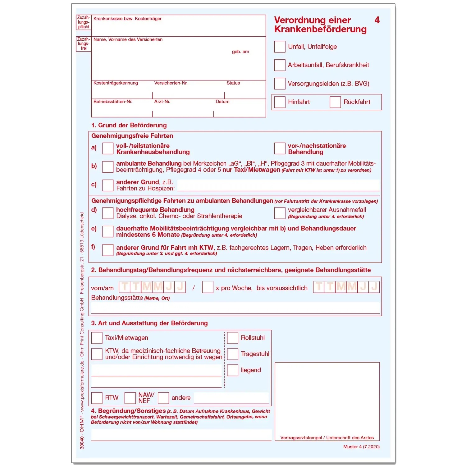 Verordnung einer Krankenbeförderung - Muster 4