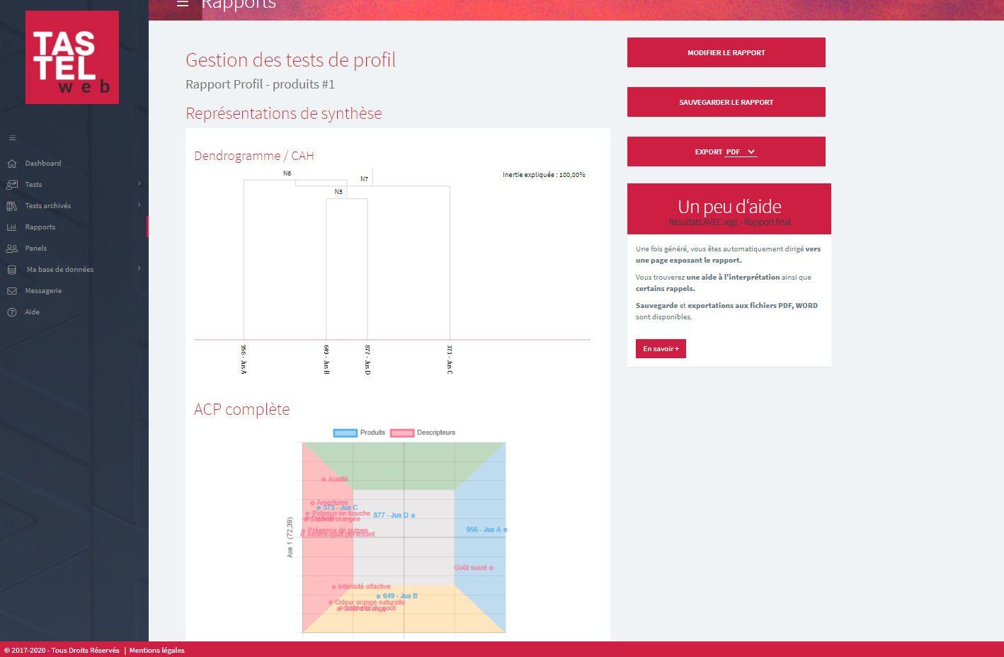 Tastelweb Rapports results, Analyse sensorielle logiciel, sensory analysis software