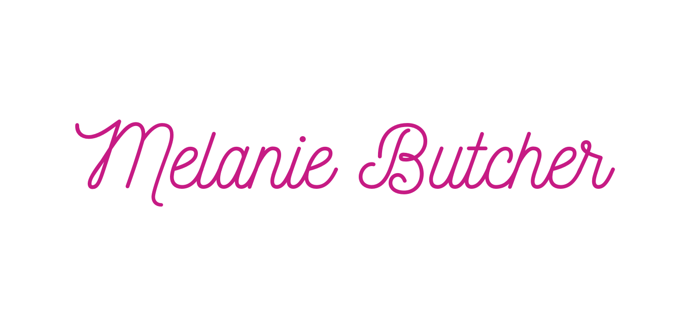 Melanie Butcher written in pink handwriting font