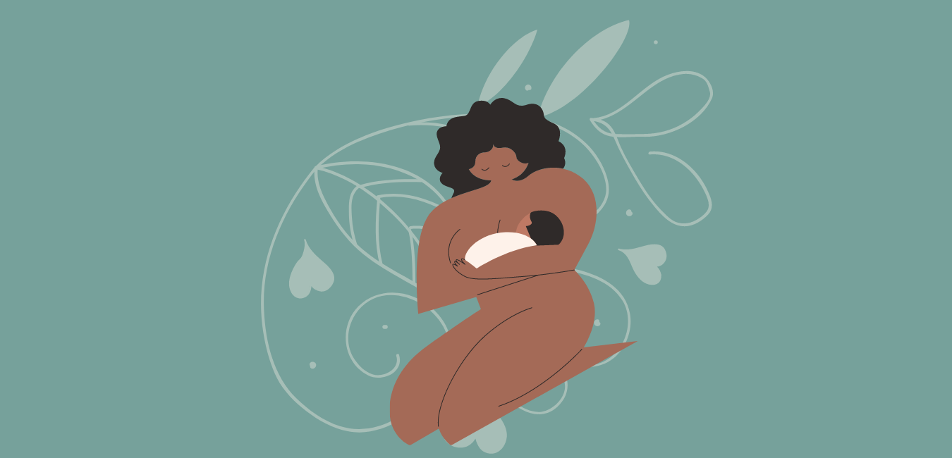 Graphic of a black mother kneeling and cradling her baby
