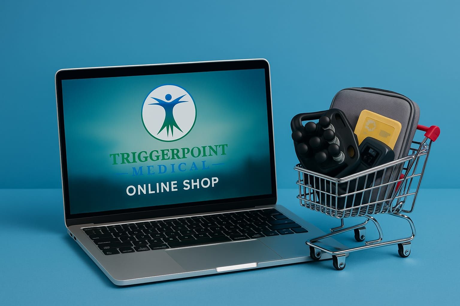 Laptop mit TriggerPoint Medical Online-Shop und Einkaufskorb – digitale Gesundheitsprodukte online kaufen“