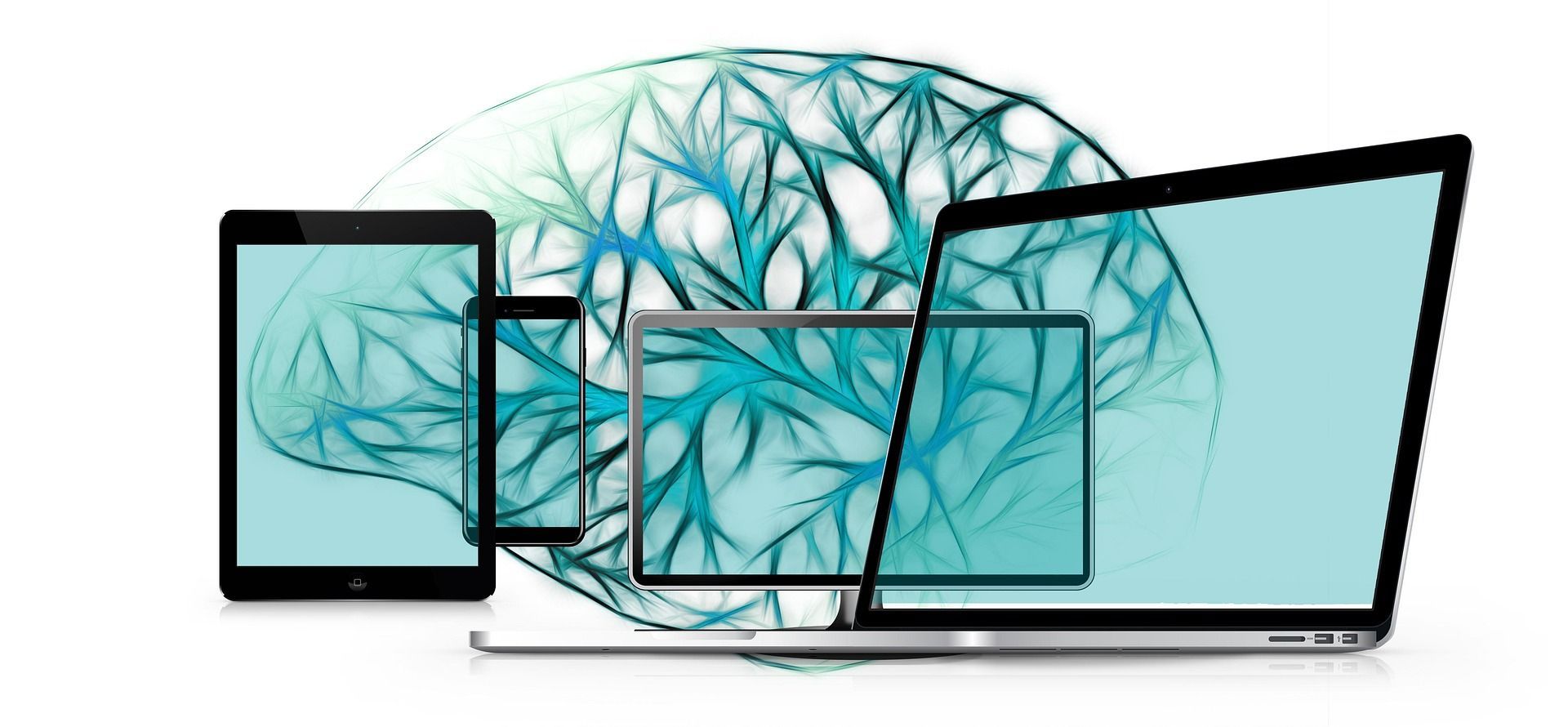 Laptop und Tablet mit energetischen Lichtmustern – Symbol für Online-Ausbildung, digitales Lernen und energetisches Wissen“