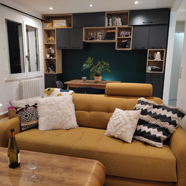 salon design jaune gris bleu