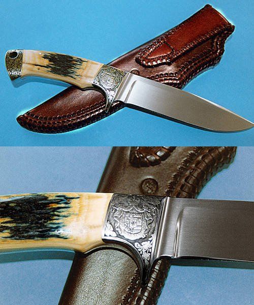 Nr.14 Großes Integralmesser aus CPM T 440V-Stahl mit feiner Gravur. Griff Mammutelfenbein