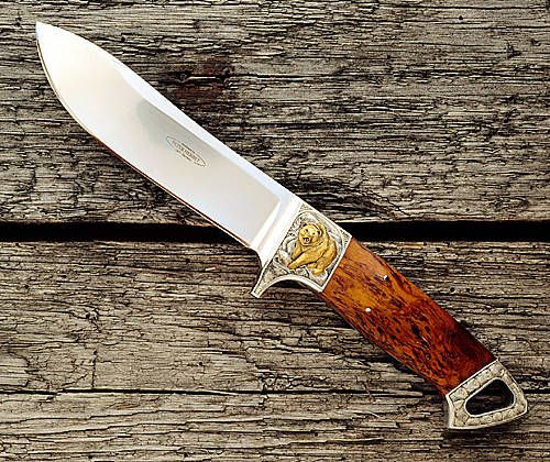 Nr.01 Integralmesser aus CPM T440V-Stahl Gravur mit Goldeinlage Griff: Wüsteneisenholz