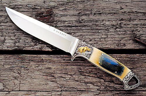 Nr.03 Integralmesser aus CPM T440V Edelstahl Gravur mit Goldeinlage Griff: Mammutelfenbein