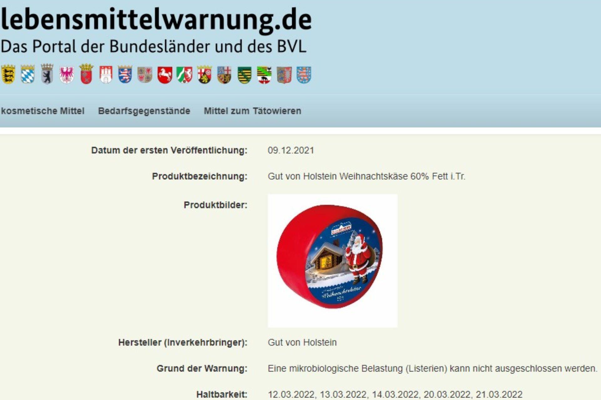 Screenshot der Behördenmeldung auf lebensmittelwarnung.de